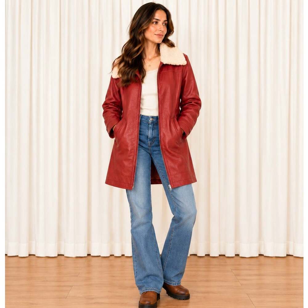 Maeve Red Faux Leather Sherpa Collar Long Coat XL
